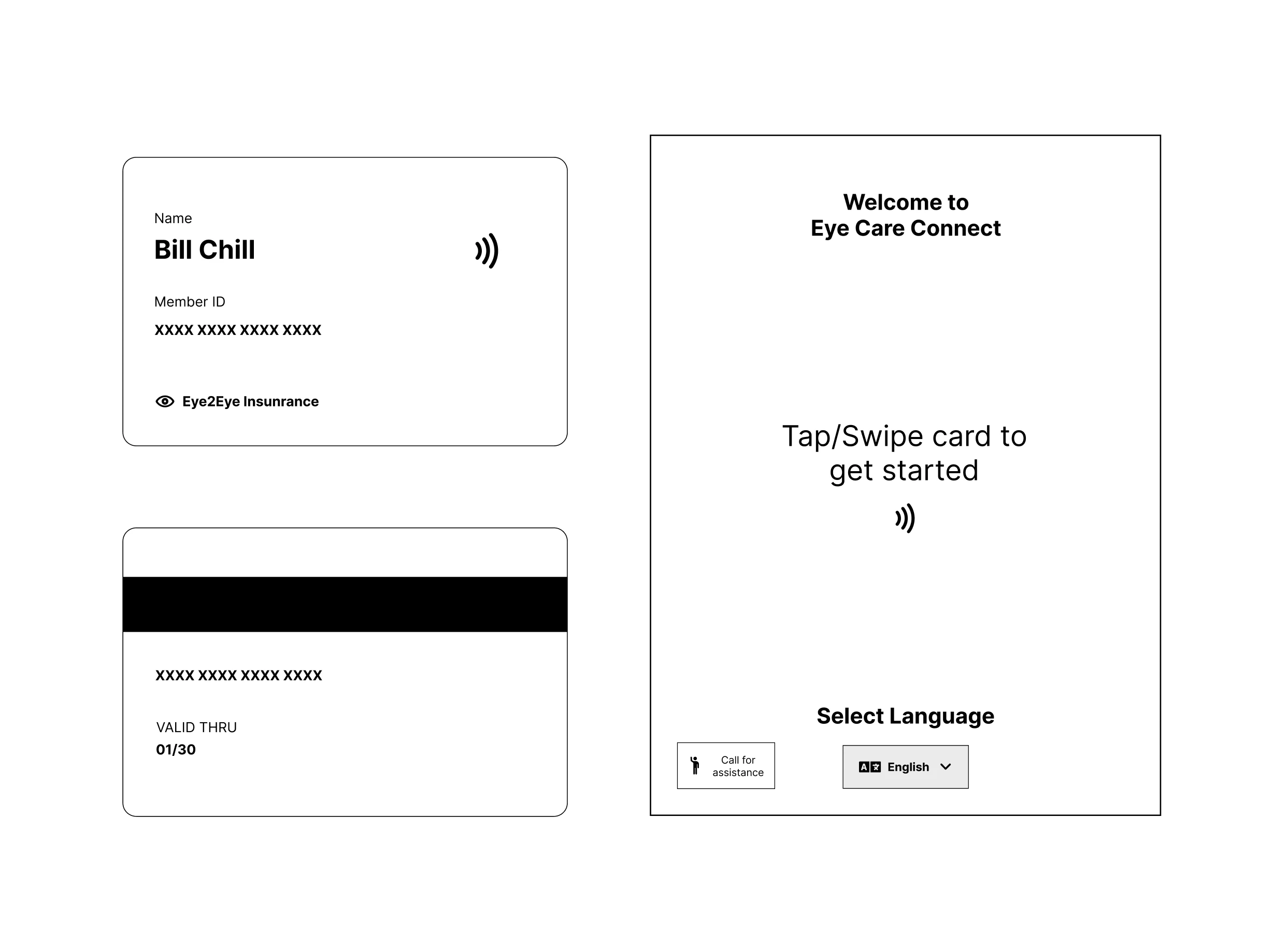 Patient insurance card beside the kiosk welcome screen asking to tap or swipe it, with a language picker