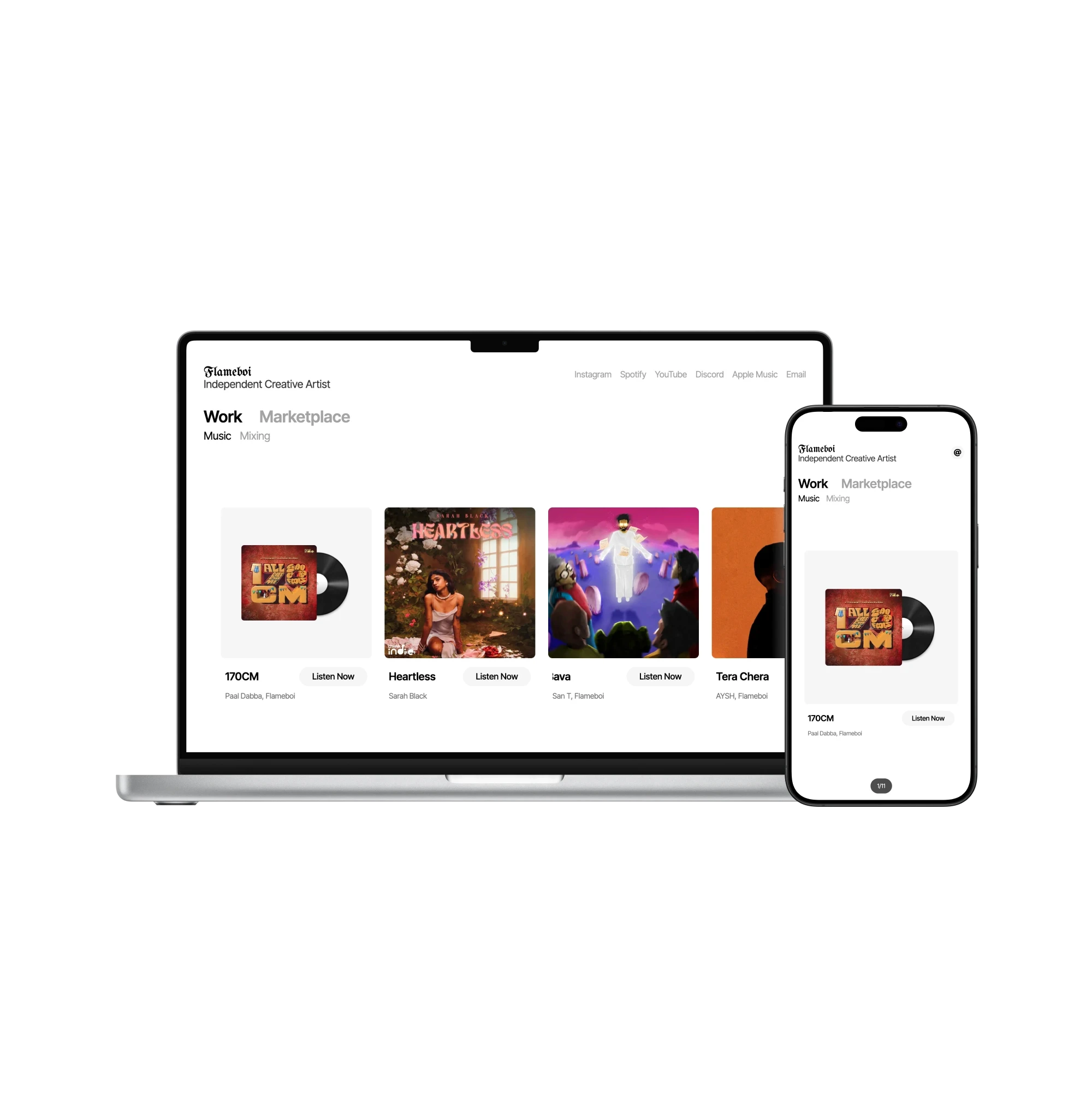 Flameboi’s portfolio site on a laptop and phone, showing a grid of his album covers