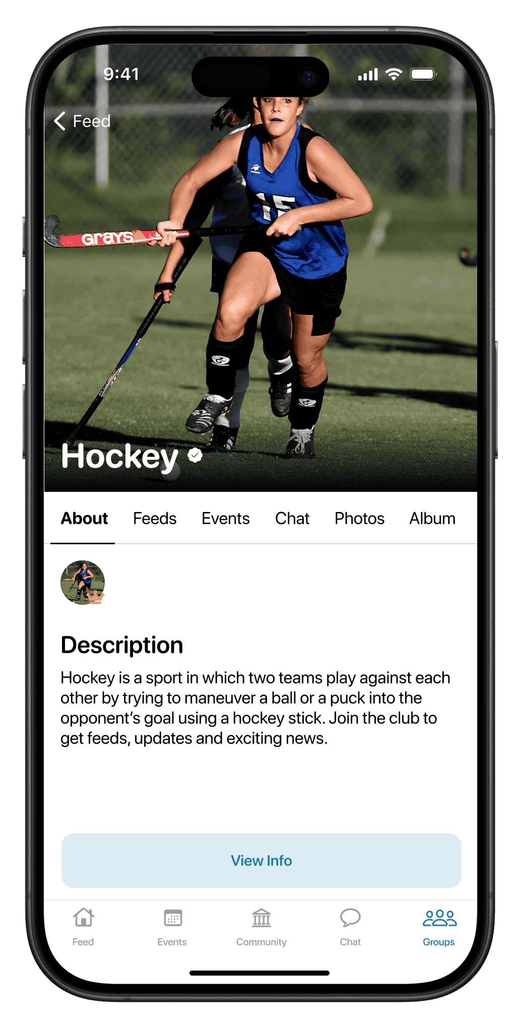 Screen: the hockey club’s page, with its description and feed, events and chat tabs