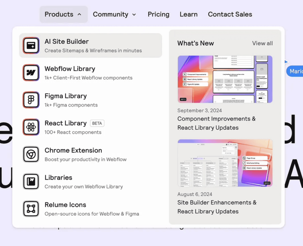 Comparable site's navigation with a product mega menu and a what's new panel