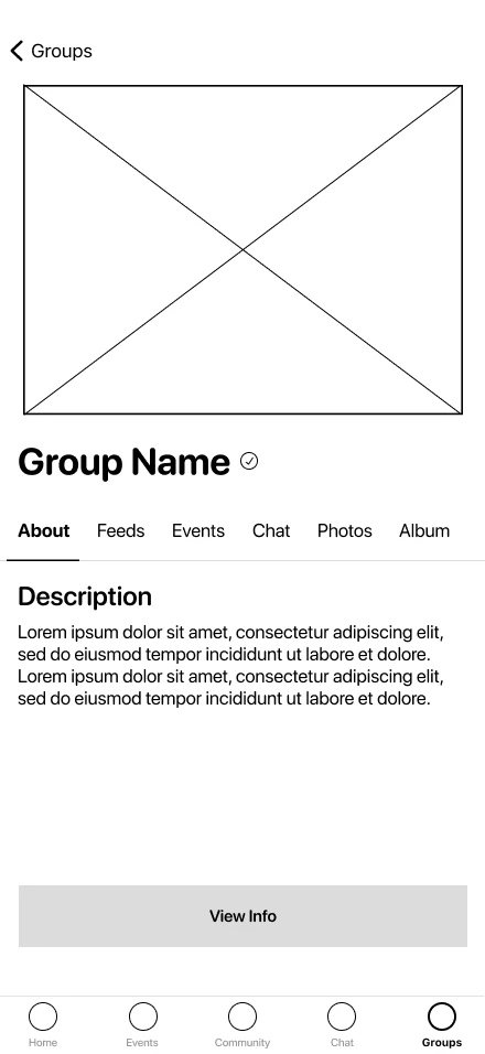 Wireframe: a group page with its feed, events, chat and photos tabs