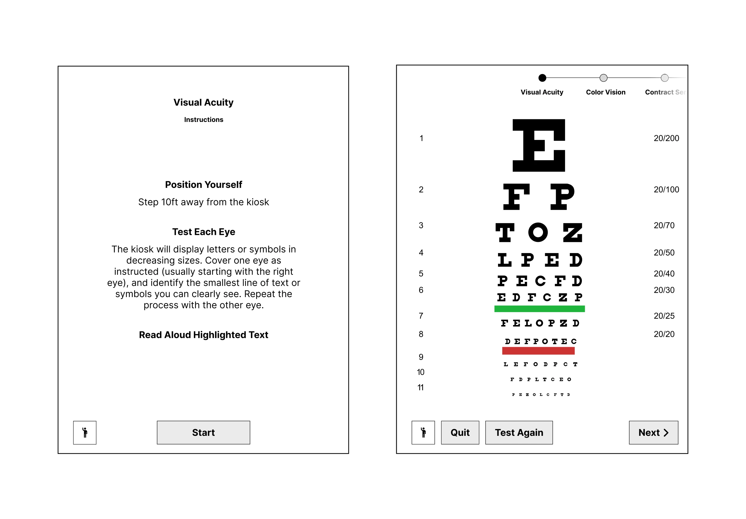 Visual acuity instructions beside the eye chart test, with lines from 20/200 down to 20/20
