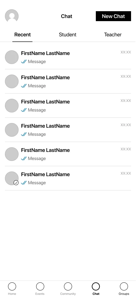 Wireframe: chat with recent conversations, split by students and teachers