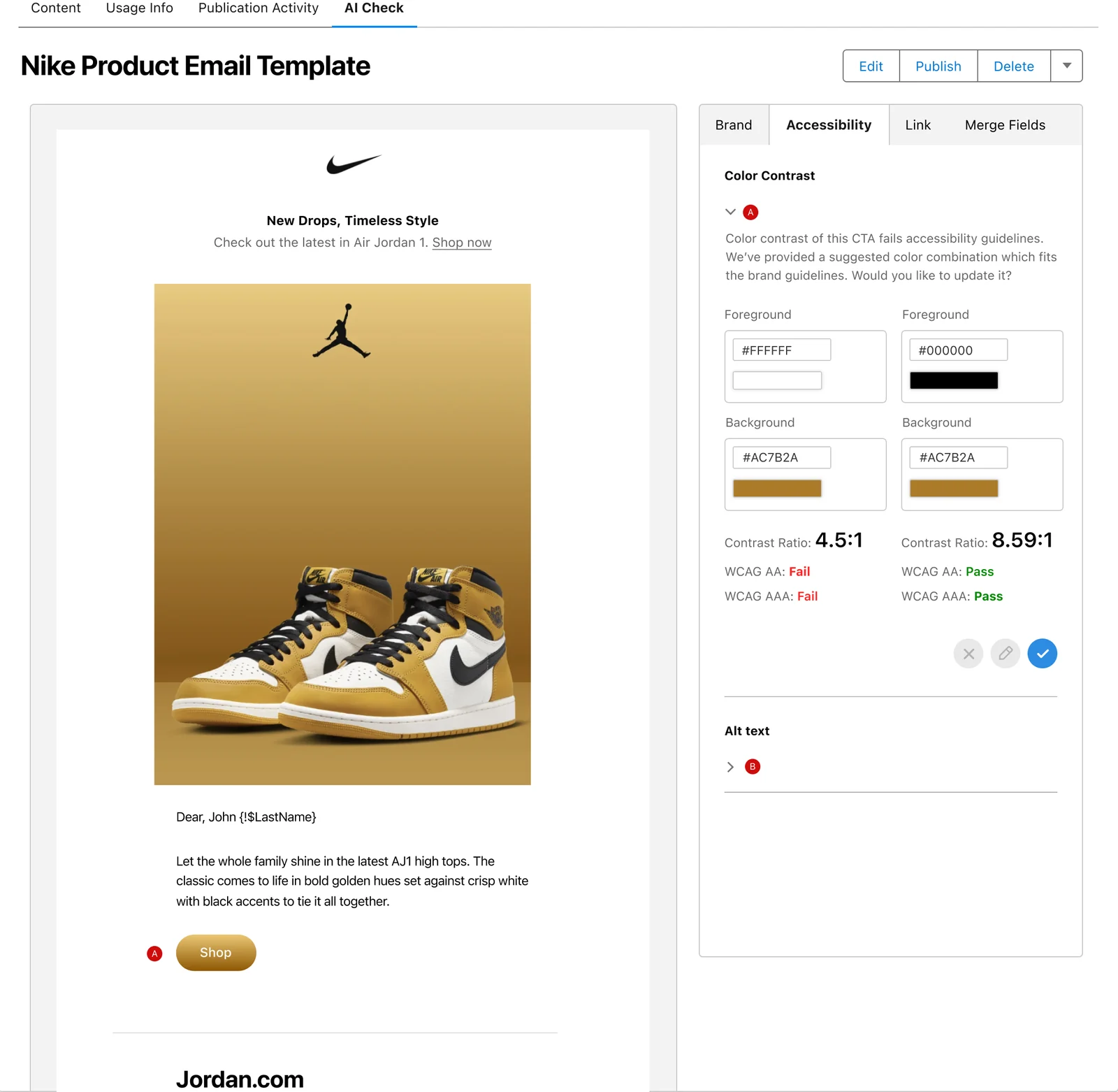 Accessibility tab on the sneaker email: white on gold at 4.5:1 fails WCAG AA and AAA, while the suggested black on gold at 8.59:1 passes
