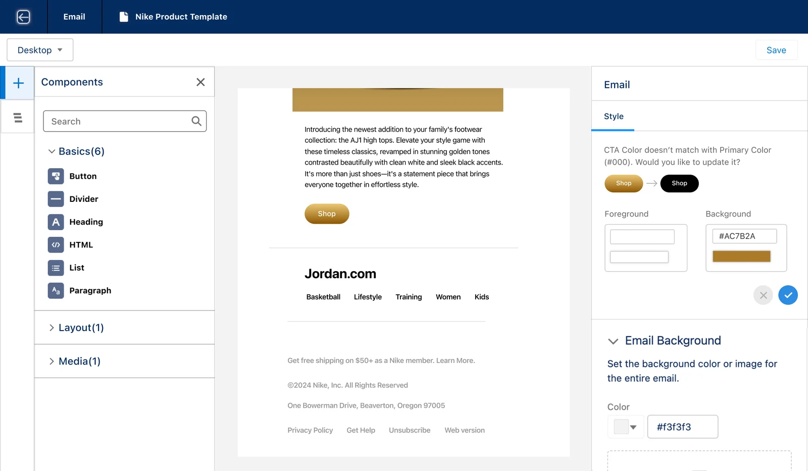 Email builder suggesting the gold Shop button switch to the brand's black primary color, beside the style settings