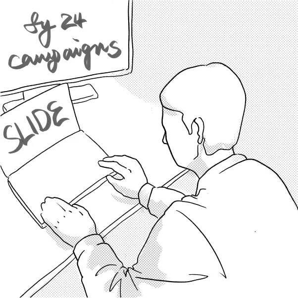 Sketch of a marketer at her laptop under a note listing this year’s campaigns