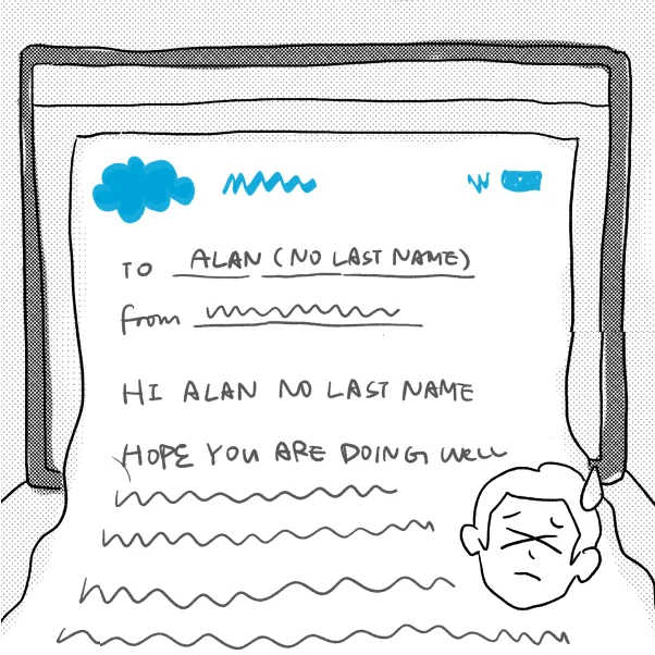 Sketch of the AI draft greeting the reader as Alan with a missing last name, and her wincing