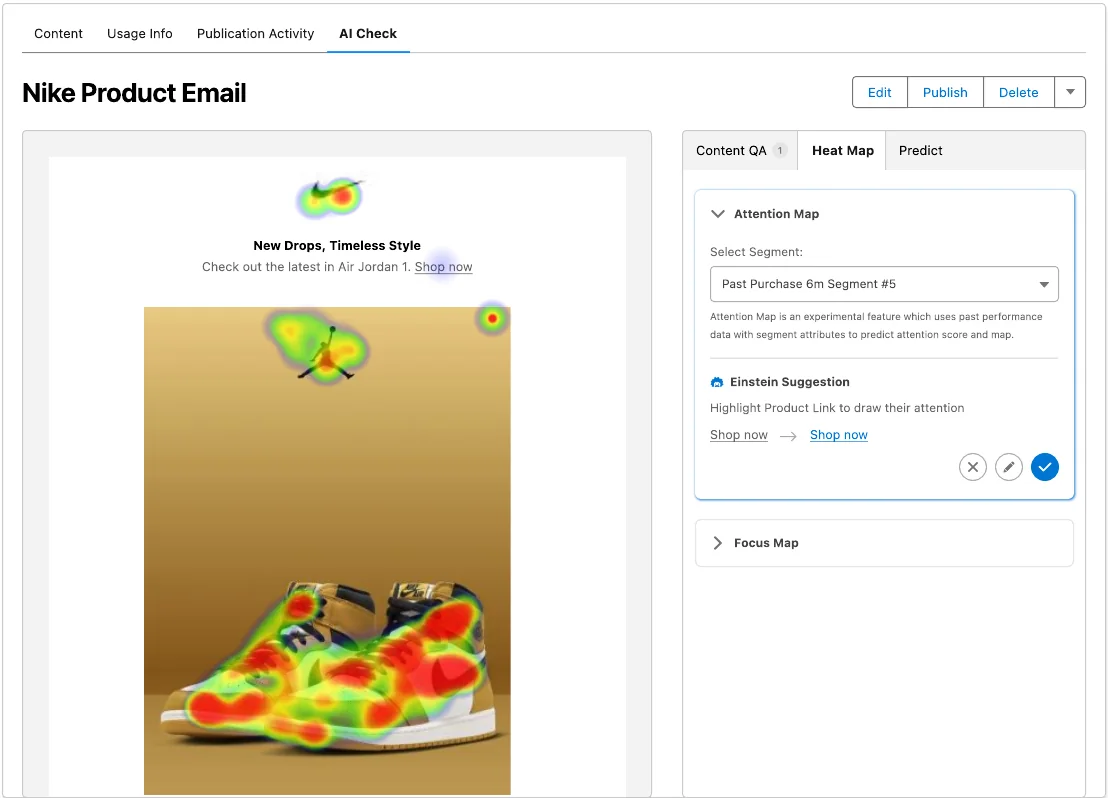 Heat map over the email showing attention on the logo and sneaker, with Einstein suggesting a bolder Shop now link
