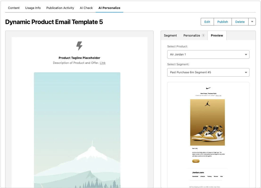 AI Personalize tab filling a dynamic template with the sneaker email for a chosen product and past-purchase segment