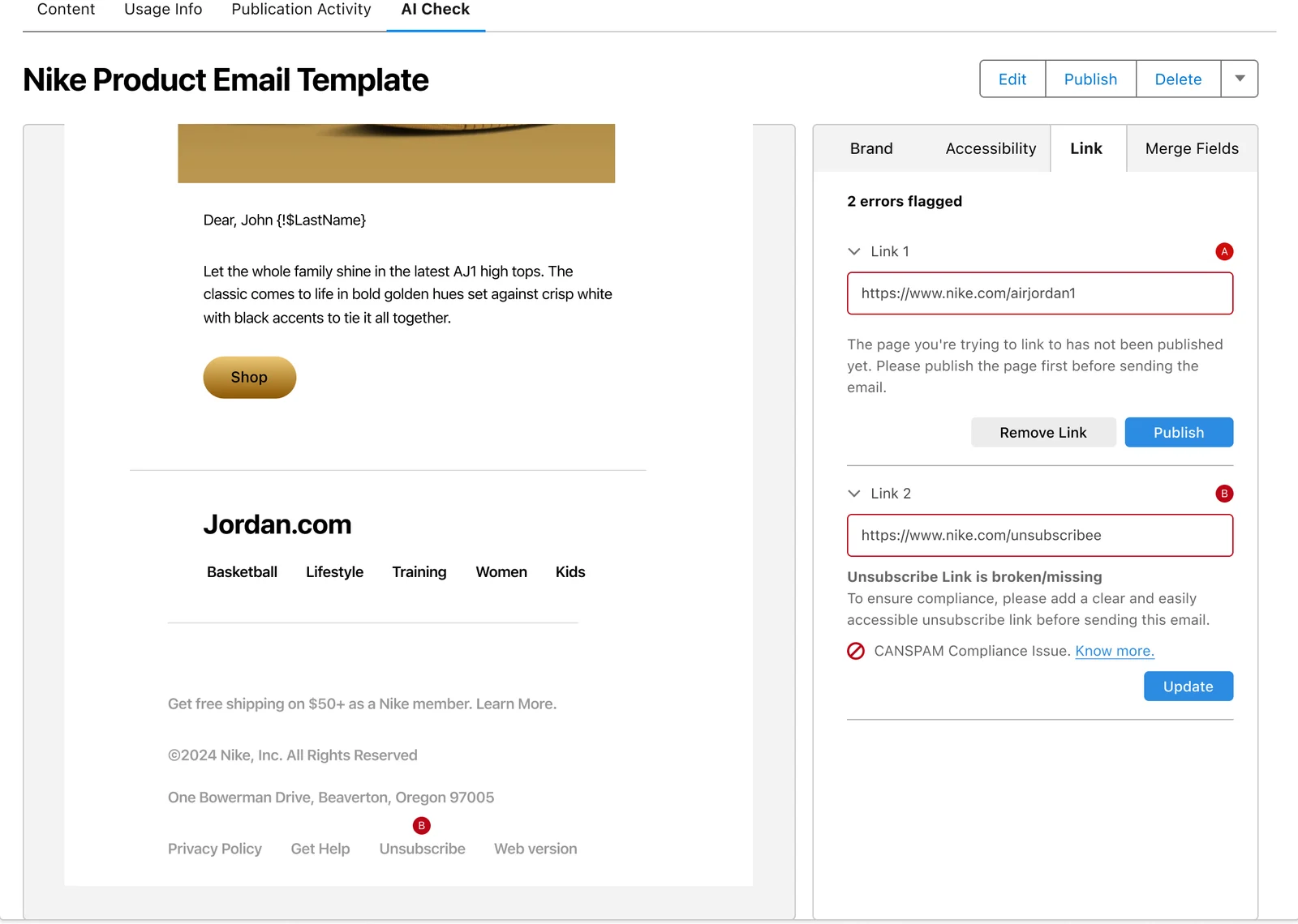 Link tab flagging two errors: a product page that isn’t published yet and a misspelled unsubscribe URL in the footer