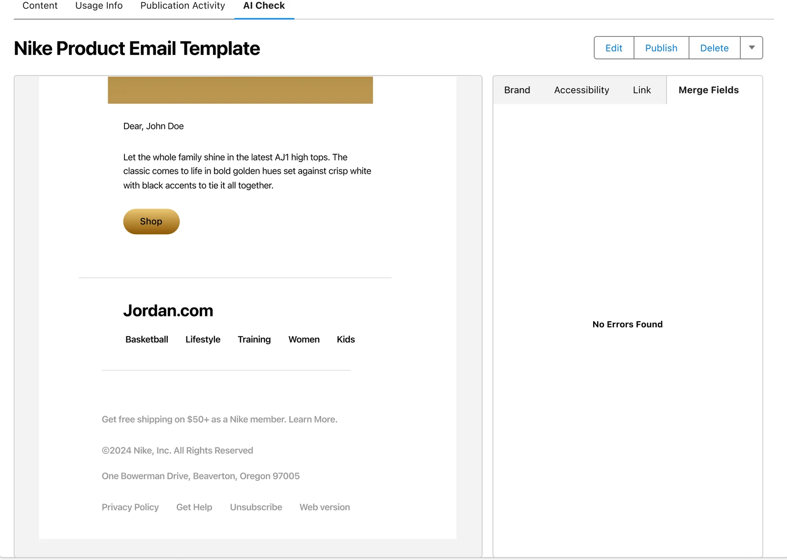 Merge fields tab with nothing left to fix, the greeting now reading Dear, John Doe