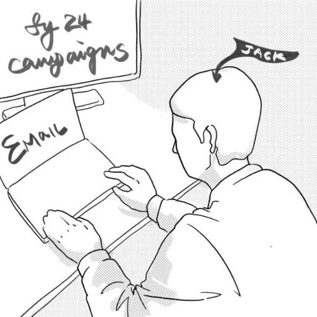 Sketch of Jack typing at his laptop under a note listing this year’s campaigns