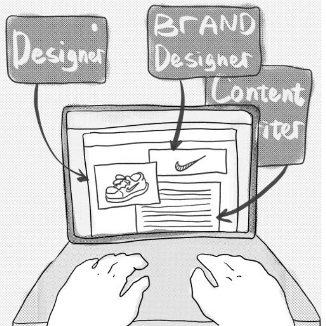 Sketch of work from a designer, a brand designer and a content writer landing in one email on his laptop