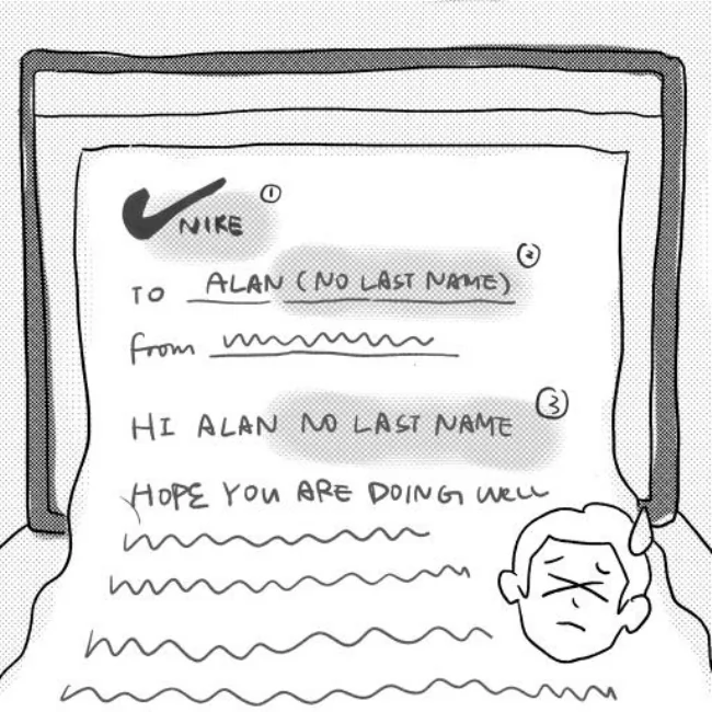 Sketch of the email draft greeting the reader as Alan with a missing last name, and Jack wincing