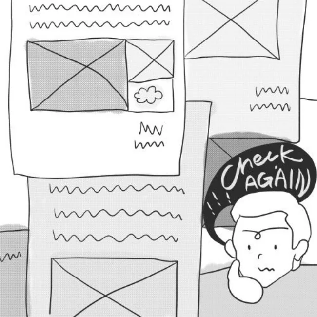 Sketch of Jack, worried, surrounded by email layouts, thinking he has to check again