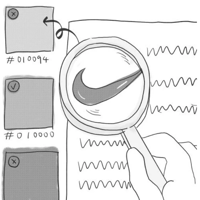 Sketch of a magnifying glass over the sneaker brand’s logo beside swatches of near-identical hex colors