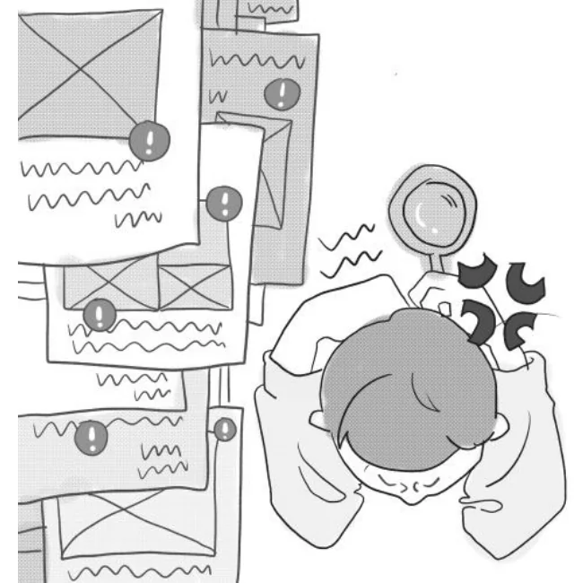 Sketch of Jack holding his head over a pile of email drafts covered in warning marks