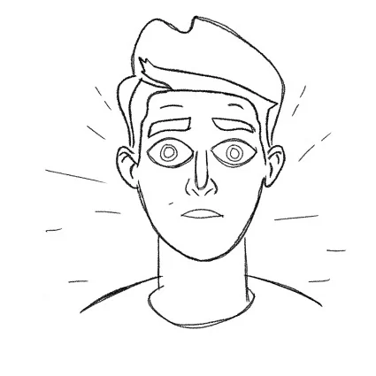 Sketch of Bill, wide-eyed and worried about his vision