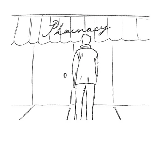 Sketch of Bill walking into a pharmacy under its awning