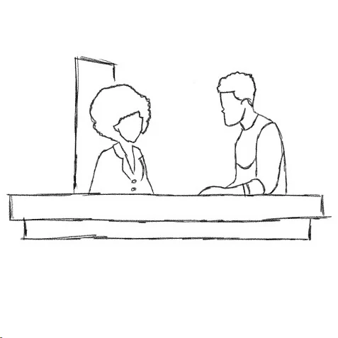 Sketch of Bill talking with the pharmacist across the pharmacy counter
