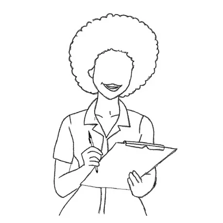 Sketch of the smiling pharmacist noting answers on a clipboard