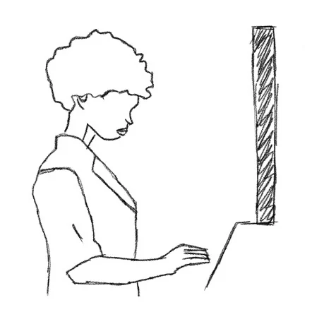 Sketch of the pharmacist typing Bill’s details into the kiosk