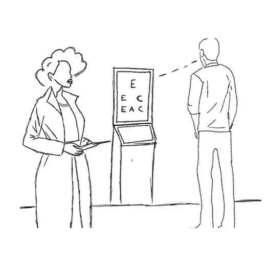 Sketch of Bill reading an eye chart on the kiosk as the pharmacist holds a tablet
