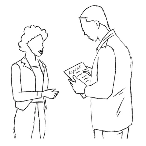 Sketch of Bill reading his printed report while the pharmacist talks him through it