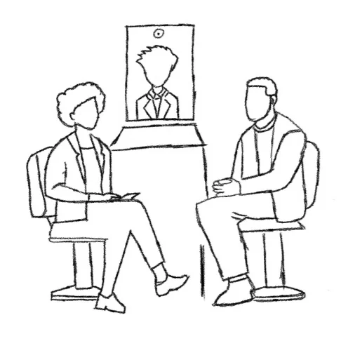 Sketch of Bill and the pharmacist seated before a screen showing the remote eye specialist