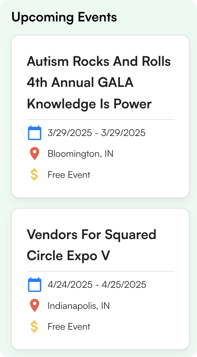 Upcoming event cards with calendar, location and price icons