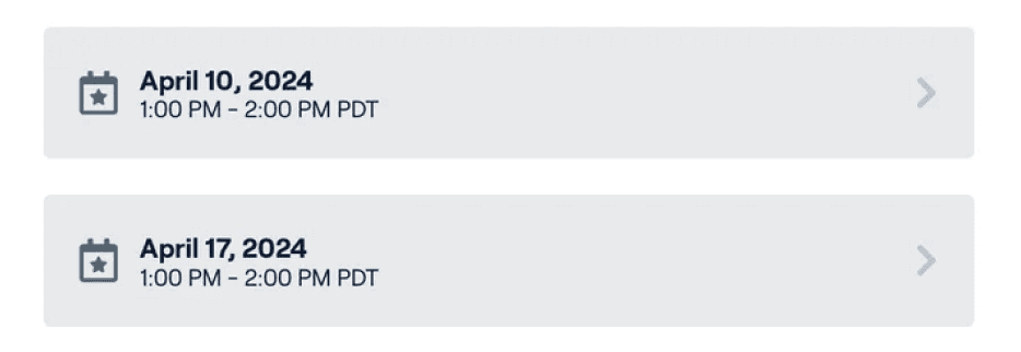Comparable site's schedule: date and time rows with calendar icons